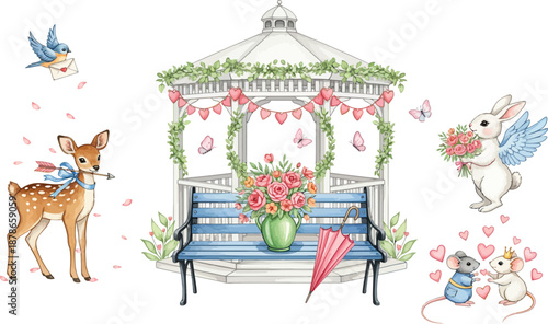 Whimsical garden scene with deer flowers and fairy tale characters