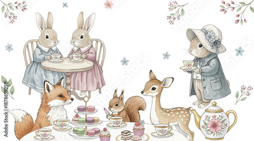 Whimsical illustration of rabbits and fawns at a tea party together