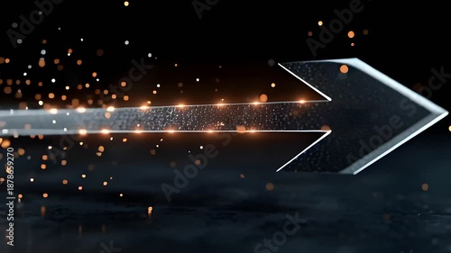 3D Arrow Moving Toward Camera with Dramatic Lighting and Floating Particles on Dark Background