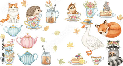 Whimsical forest creatures and vintage tea party objects illustration
