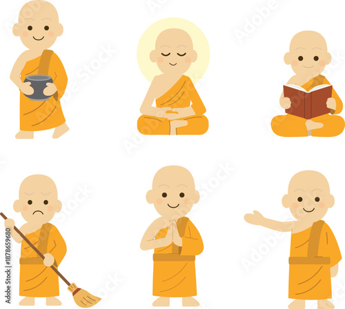 Buddhist Monk Character Set Cute Flat style.Collection of Young Monk Mascots in Saffron Robes Zen Lifestyle.Emoji Set Meditating, Praying, and Daily Activities