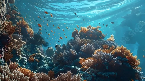 Cinematic Underwater Coral Reef Panorama with Tropical Fish and Sunbeams in Clear Blue Ocean