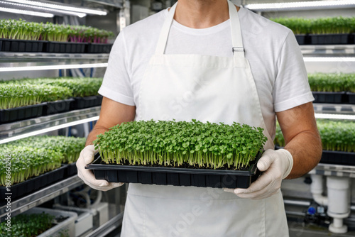 Person in white apron and gloves holding tray of vibrant microgreens in controlled indoor hydroponic farm with shelves and LED grow lights, showcasing sustainable urban agriculture and fresh produce.