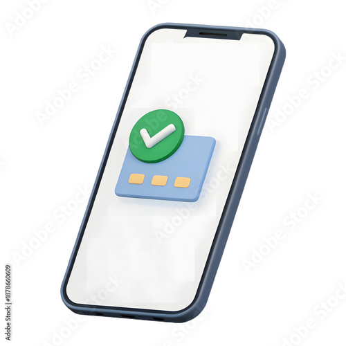 A smartphone displaying a blue verification icon with a green checkmark on its screen.
