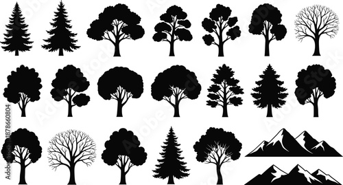 Black tree silhouettes collection with deciduous and pine trees, forest nature elements and mountain shapes, minimal vector set for landscape design