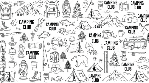 Camping club hand drawn outdoor illustration set, tents backpacks mountains fish van lanterns and gear, black and white adventure vector design