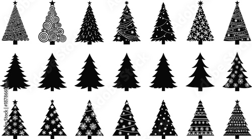Christmas tree silhouette icons collection, decorative holiday fir designs with stars and ornaments vector set for festive graphics, seasonal patterns, cards, and branding