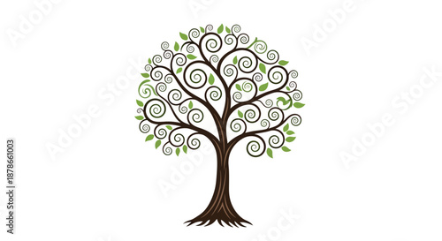 70 Detailed illustration of a tree with curly branches and green leaves on white background symbolizing growth and harmony 150