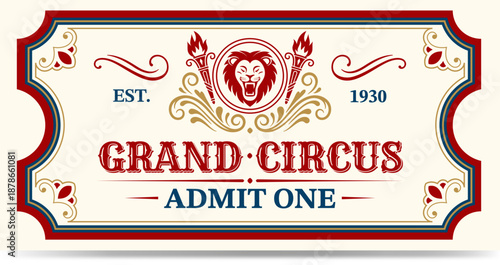 Retro circus ticket with lion emblem. Gold and red colours.