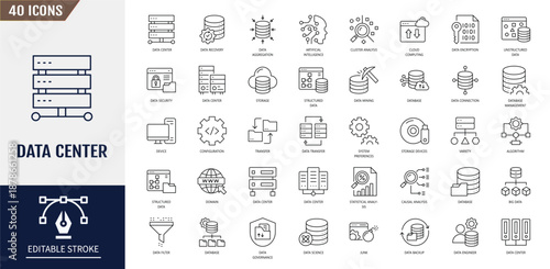 Data Center icon set. Server, hosting, cloud computing, security, internet, data processing, and more. Editable stroke. Vector illustration