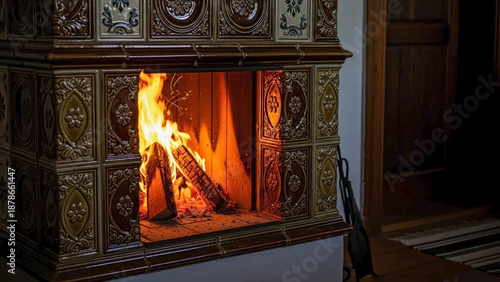 Cozy Tiled Stove with Warm Firewood Flames for Home Decor, Interior Design Inspiration, Relaxation Blogs, and Comfort Living Websites