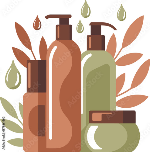 Natural skincare products with leafy elements and droplets