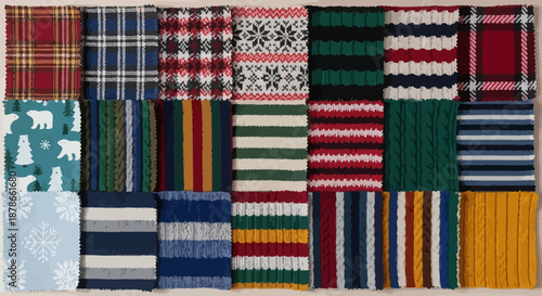 70 Collection of assorted fabric swatches with various patterns and textures including stripes plaids and snowflakes in different colors and designs 150