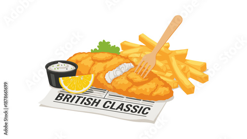 British classic fish and chips meal with french fries and tartar sauce eps style illustration