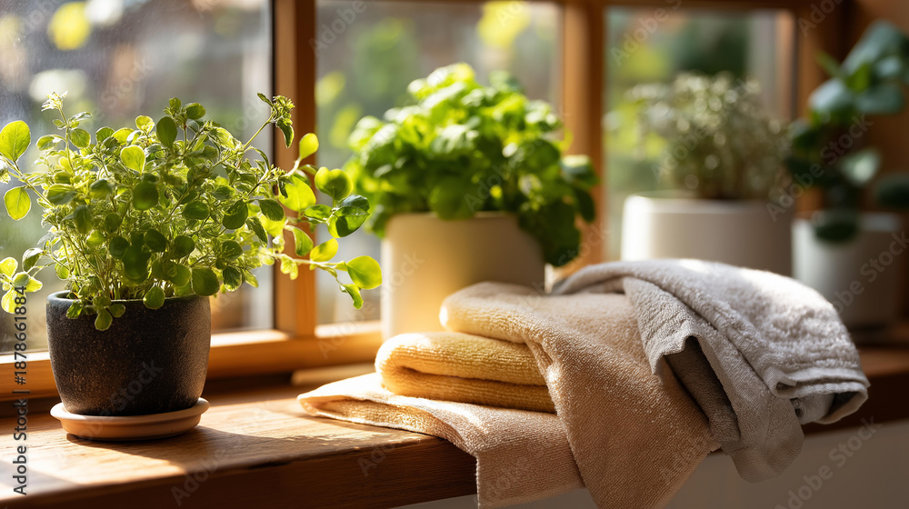Fototapeta premium Window sill with green plants eco-friendly cleaning products and towels against spring nature, sunlit scene for home gardening or room cleaning, sustainable household care, with copy space