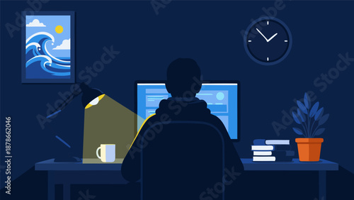 Late Night Coding Session A Vector Illustration of a Programmer Working on a Computer at a Desk with a Lamp and a Clock