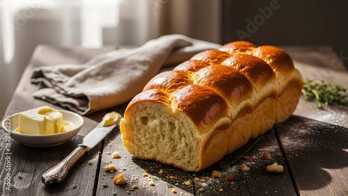 Freshly baked brioche loaf with golden crust served on rustic wooden table with butter and knife