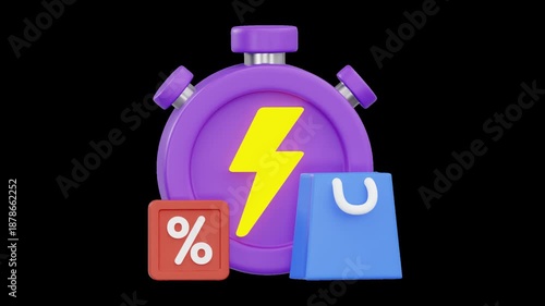Flash Sale Stopwatch with Shopping Bag and Discount 3D Icon