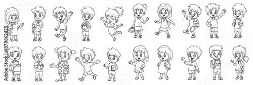 Happy children cartoon characters set playing learning and smiling together, cute kids activities collection, black white outline vector illustration.