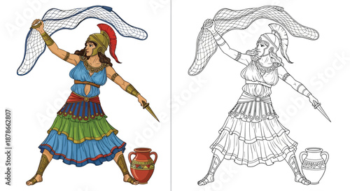 Amazon Woman Warrior with Spear and Hunting Net Graphic in Full Color and Line Art Comparison Style