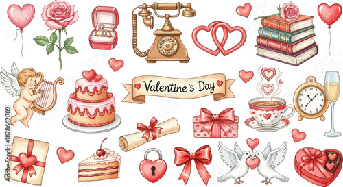 Romantic valentine s day illustrations with sweet treats and gifts