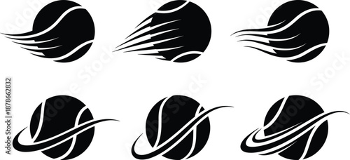 Abstract planet logo set with dynamic motion lines, futuristic space sphere icons, modern minimal vector design collection for branding use