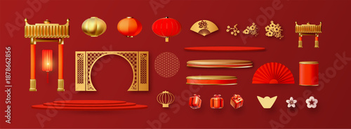 Chinese traditional elements set with podium collection. Asian holiday and offers. Lunar 3D New Year.