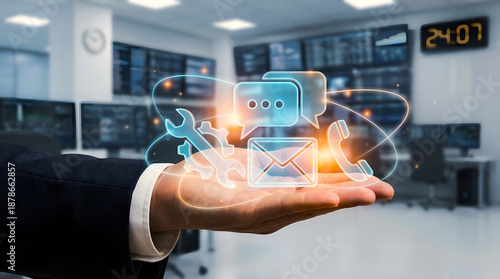 Businessman Holding Customer Support Interface for Technical Service and Help