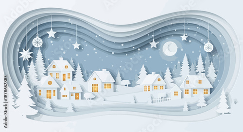 70 Snowy village scene with houses and trees in winter landscape under moonlight with falling snow and hanging stars and ornaments 150