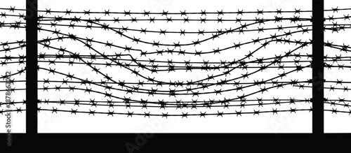 Barbed wire fence silhouette, prison security barrier illustration, danger boundary concept, restricted area protection isolated on white background vector design