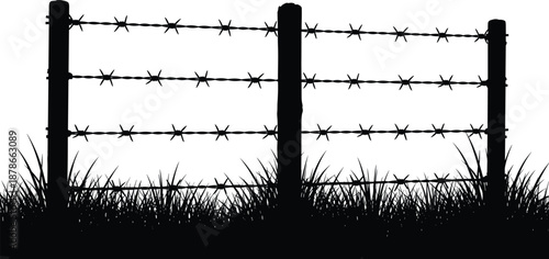 Barbed wire fence silhouette with grass, rural boundary security illustration, danger warning concept isolated on white background vector design element