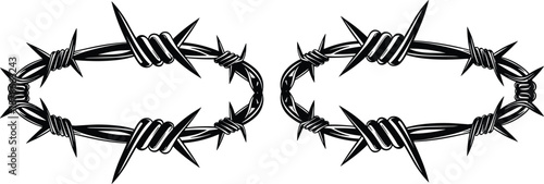 Barbed wire oval frame illustration, sharp thorn border design, security warning symbol, danger protection element, monochrome vector graphic