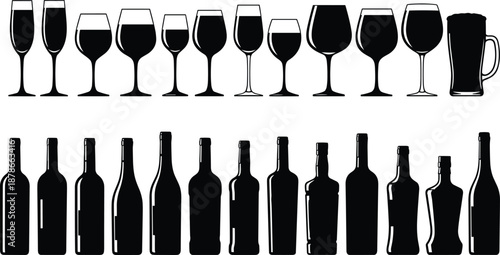 Black alcohol glassware and bottle silhouettes set, wine beer champagne glasses icons isolated on white background for bar design illustration
