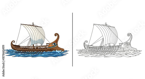 Ancient Greek Galley Ship Sailing on Blue Ocean Waves Featuring Traditional Mast and Oar Design