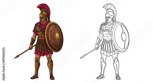 Ancient Greek Soldier Comparison Featuring Detailed Colorful Art and Minimalist Sketch Illustrations