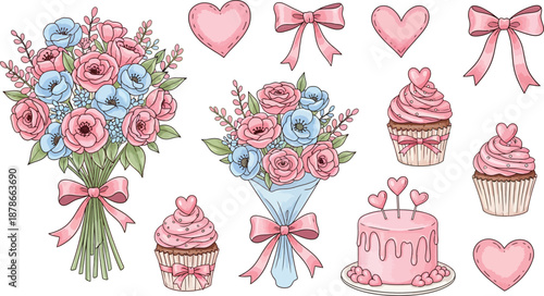 Pink floral arrangements cakes and hearts with ribbons and bows