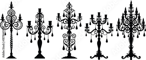 Black and white ornate candelabra silhouettes set, vintage crystal candle holder designs, elegant gothic luxury lighting illustrations collection for decor, branding, interior, events