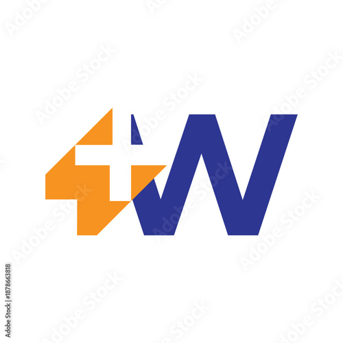 this is a flat logo design that depicts an initial letter W with a plus sign in dark blue and bright orange color on a white background