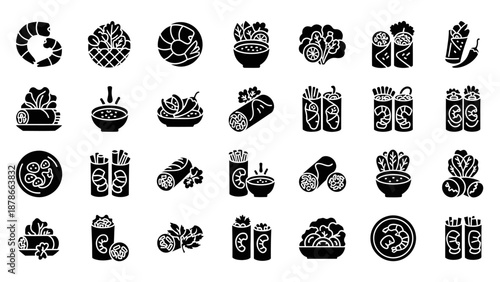 Healthy Food Icons Set, Salad Wrap, Shrimp, and Burrito Glyph Vector Illustration