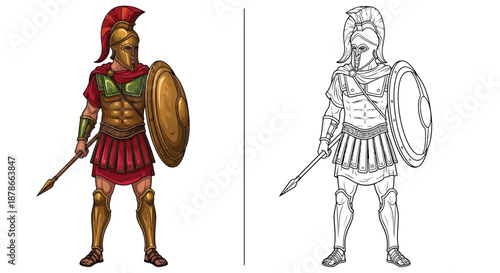 Ancient Greek Hoplite Warrior Graphic Featuring Full Color and Detailed Line Art Version Comparison