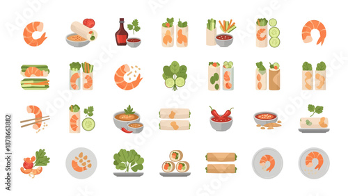 Vietnamese Spring Rolls and Fresh Summer Rolls Vector Icon Set with Shrimp, Vegetables, and Dipping Sauces