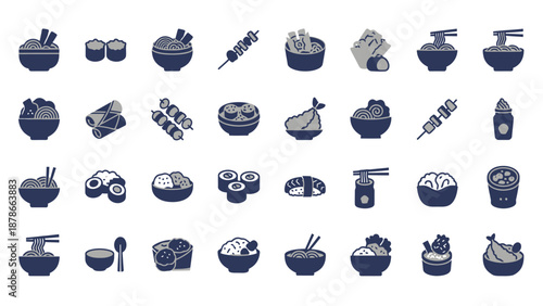 Japanese Food Vector Icon Set; Asian Cuisine Icons of Ramen, Sushi, Dim Sum, and Tempura in Modern Flat Style