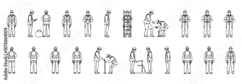 Construction workers CAD drawings, top and side view, helmets safety vests, architectural scale figures, vector outline – Professional Architectural CAD Collection