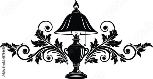 Black and white ornate table lamp silhouette illustration, vintage decorative lighting with floral scroll elements, elegant classic interior decor artwork for branding, print, web
