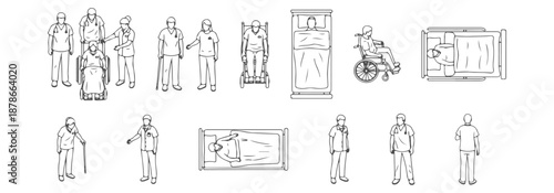 Medical staff CAD blocks, doctors nurses patients, top view architectural symbols, vector illustration – Professional Architectural CAD Collection