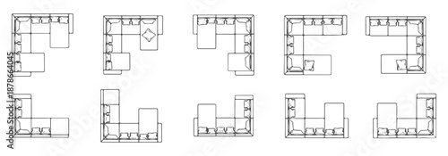 Modular sofa CAD drawings, top view sectional seating system, architectural plan symbols, vector outline – Professional Architectural CAD Collection