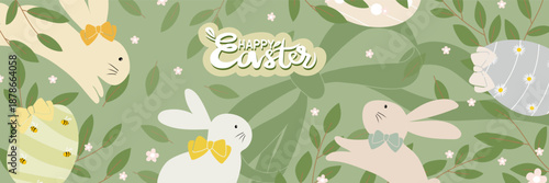 Cute Easter banner illustration with pastel bunnies,Easter Eggs,flowers and leaves on green background.Vector website header banner,social media cover,spring festival,holiday invitation