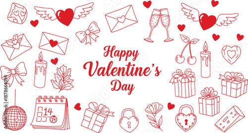 Happy valentine s day greeting card with red hearts and illustrations