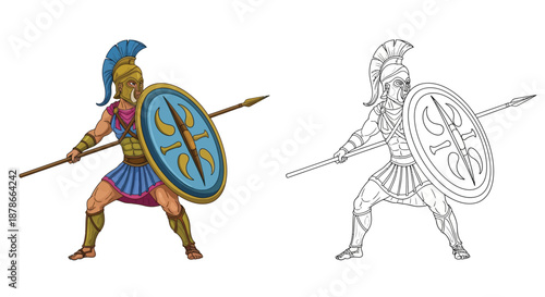 Ancient Greek Hoplite Warrior Illustration Template Ready to Color for Kids and Art Education