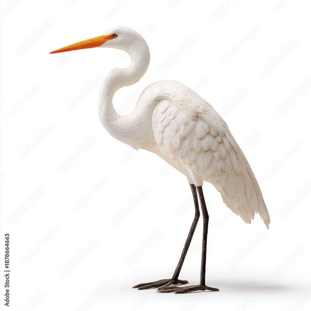 Obraz premium Elegant White Egret Bird Sculpture with Detailed Feather Texture on White Background